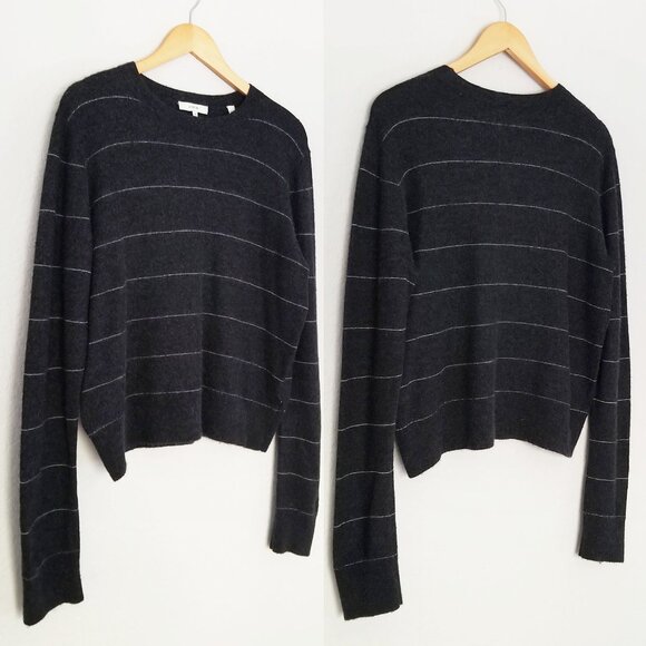 Vince Stripe Fitted 100% Cashmere Crewneck Sweater Charcoal Gray Size XL $345 - Picture 6 of 14